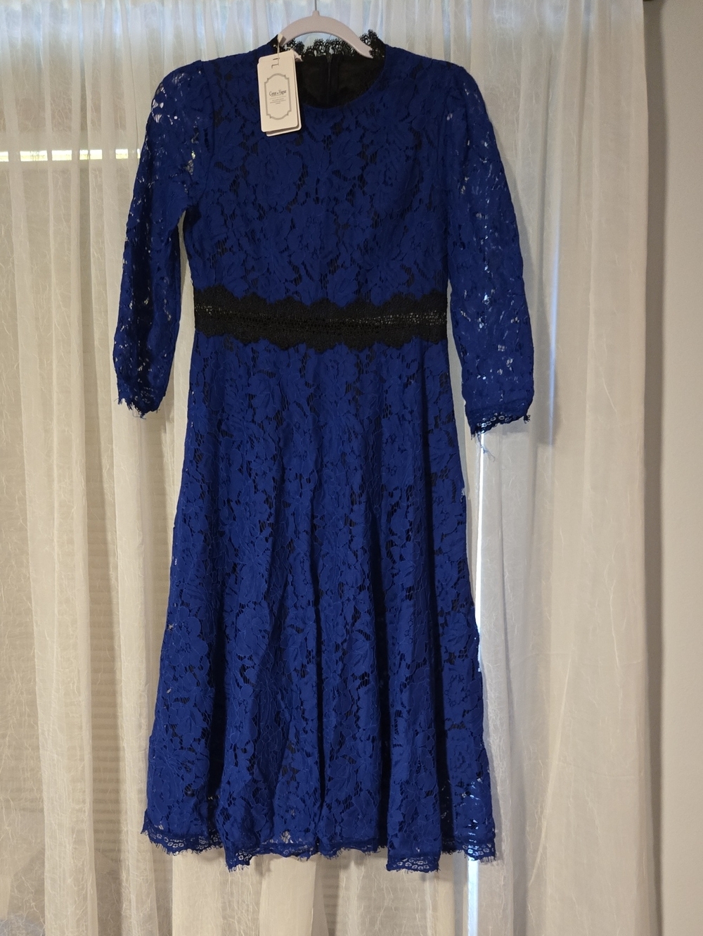Royal Blue Lace Fit & Flare Dress with Black Waistband